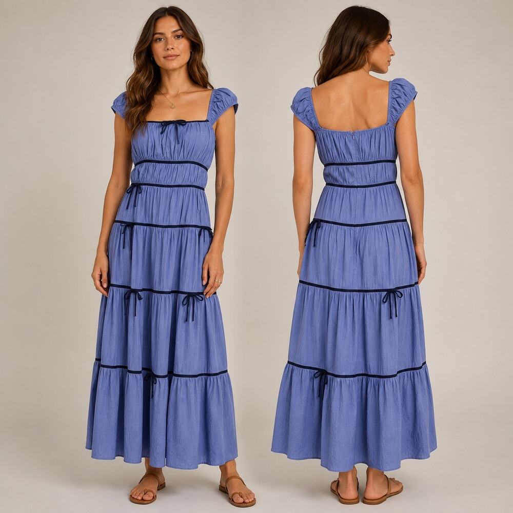 Storia Blue Tiered Maxi Dress Ruffle Cottagecore Contrast Trim NWT M